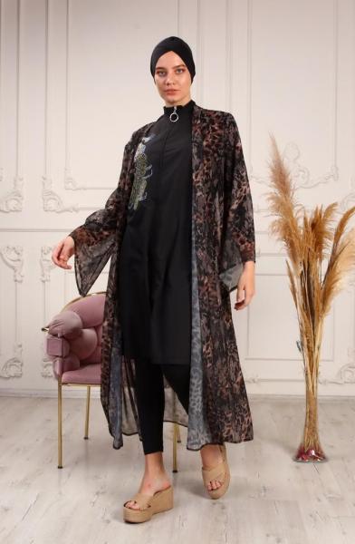 Siyah Leopar Desen Kimono  Pareo satın al