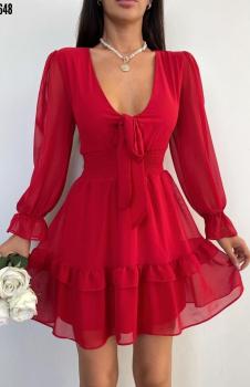 İçi Astarlı Önden Bağlamalı Şifon Elbise(Kırmızı)