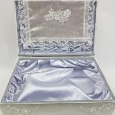 Fransız Güpür Sandıklı Seccade Takımı Kadife Bohça Seti Gri