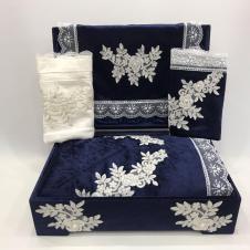 Fransız Güpür Sandıklı Seccade Takımı Kadife Bohça Seti Lacivert.